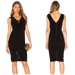 Alice + Olivia Womens Asha V-Neck Lace UP Solid Black Midi Dress‎ Size 6 NEW
